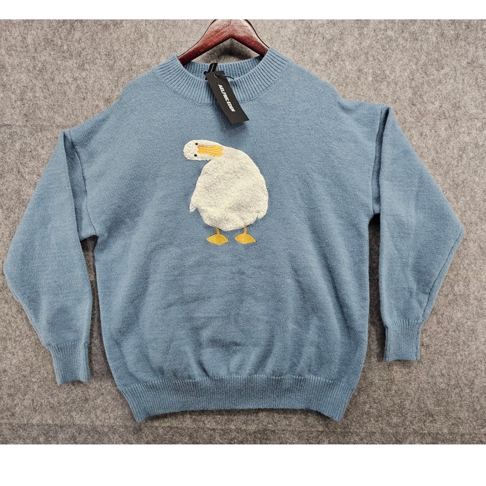 Aelfric Eden Light Blue Duck Graphic Oversized Knit Sweater Crew Neck Large NWT